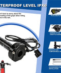 IN10 Electric Dirt Bike Twist Throttle Kit With Grips And Rolling Bearing Full Twist Throttle Cable Assembly OEM Replacement Part For E Bike IN10 Models Durable Throttle Grip Set Plug And Play showing waterproof level and features.