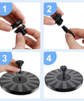 Sun Powered Solar Bird Bath Fountain Pump With 6 Nozzles For Outdoor Garden Pond Or Pool Floating 1.5W Solar Panel Eco Friendly Water Feature Easy Setup Attract Hummingbirds shown in a step-by-step assembly process.