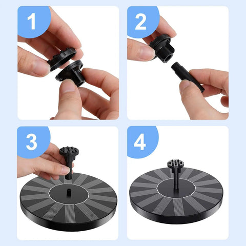 Sun Powered Solar Bird Bath Fountain Pump With 6 Nozzles For Outdoor Garden Pond Or Pool Floating 1.5W Solar Panel Eco Friendly Water Feature Easy Setup Attract Hummingbirds shown in a step-by-step assembly process.