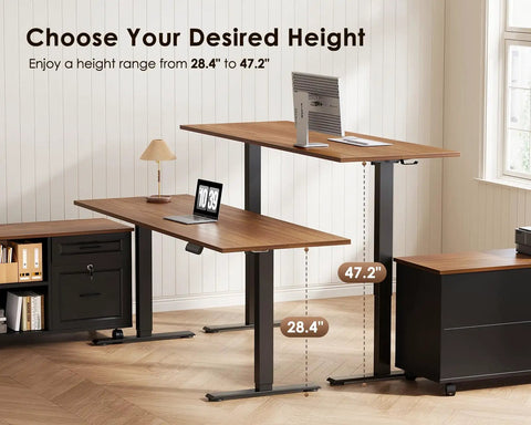 55 Inch L Shaped Electric Standing Desk With Drawers And File Cabinet Sets For Home Office Sit Stand Computer Desk In Walnut And Black Height Adjustable Ergonomic Workstation For Writing And Productivity, showing height options of 28.4 to 47.2 inches