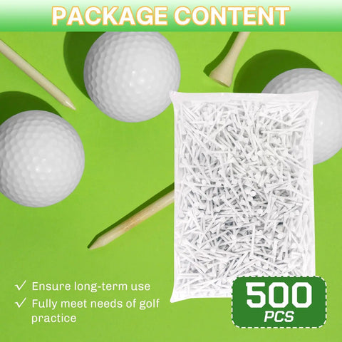 Bulk Bamboo Golf Tees 500 Pack Two And Three Quarters Inch Length Natural Durable Low Friction Tees with golf balls