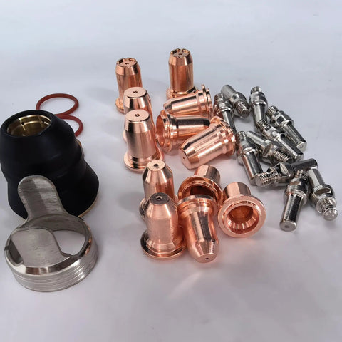 27Pc Plasma Cutter Tip Kit For IPT-60/PT-60 And IPT-40/PT40 Hafnium-Copper Electrodes And Copper Nozzles arranged on table