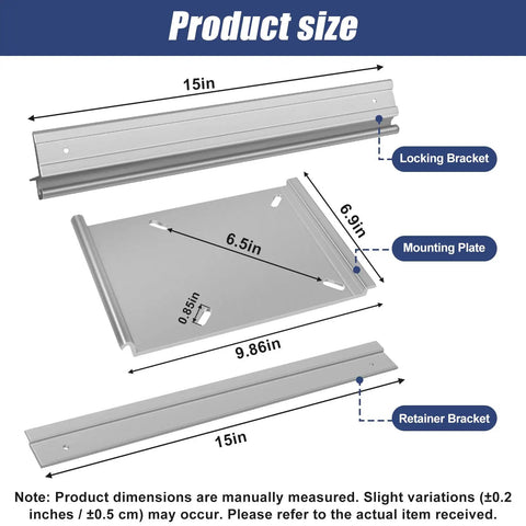 Diagram showing dimensions of Tilt-N-Slide Boat Seat Pedestal Base with 15-inch aluminum rails, and mounting plate.