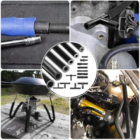 Upgrade Your Ride With This Awesome 6.6 Ft Silicone Vacuum Hose Kit Featuring 12 Sizes And 128 Connectors For Engine Tuning High Heat Resistance Up To 130 PSI Plus Kink Proof Performance That Keeps Your Lines Strong. silicone vacuum hose kit with assorted connectors in engine bay and marine use