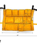 Janitorial Trash Can Caddy Bag Fits 32 To 48 Gallon Cans With 12 Pockets, Water-Resistant, Adjustable Straps, Dimensions Displayed