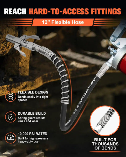 Heavy Duty 12 Inch Flexible Grease Hose Kit With 6 Jaw Quick Lock Coupler And No Slip Grip High Pressure 12000 PSI Leak Resistant