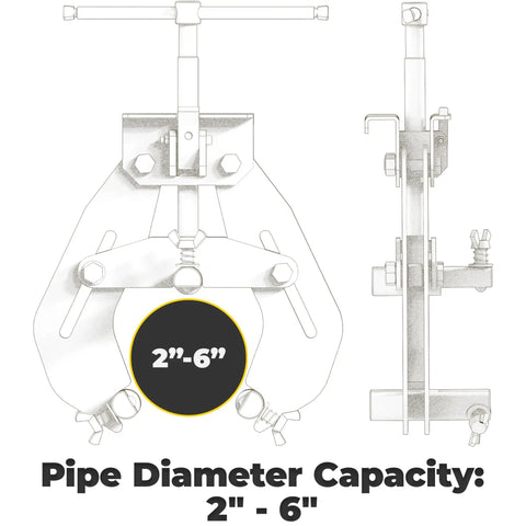 Pipe Alignment Clamp 2 To 6 Inch Capacity With Quick Acting Lever, Wide Grip Plates, Stainless Steel Contact Screws, side and front view