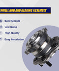 Rear Wheel Bearing And Hub Assembly 512388 Beefed Up Replacement Fits Infiniti QX60 JX35 2013 2014 2019 And Nissan Altima Maxima Murano Pathfinder RVR 2011 5 Lug With ABS Premium Quality Direct Fit displayed against an informational background highlighting key features like reliability, low noise, high quality, and easy installation.