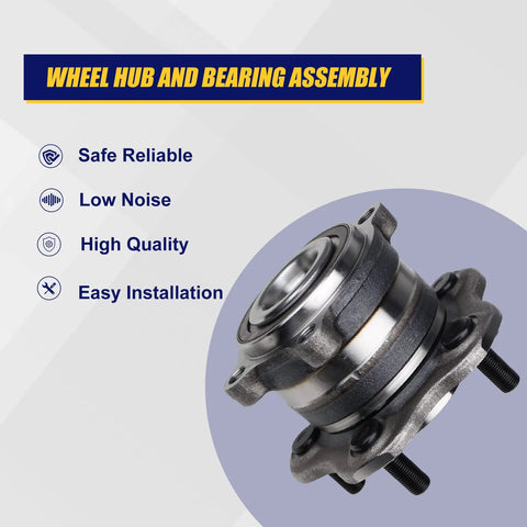 Rear Wheel Bearing And Hub Assembly 512388 Beefed Up Replacement Fits Infiniti QX60 JX35 2013 2014 2019 And Nissan Altima Maxima Murano Pathfinder RVR 2011 5 Lug With ABS Premium Quality Direct Fit displayed against an informational background highlighting key features like reliability, low noise, high quality, and easy installation.
