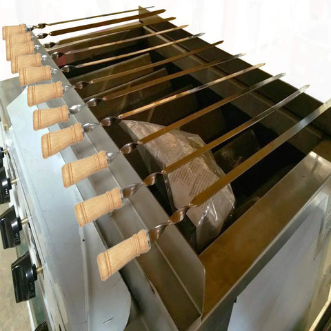 12 Pack 22 Inch Stainless Steel Kabob Skewers With Wide Reusable Nonslip Wooden Handles on Grill