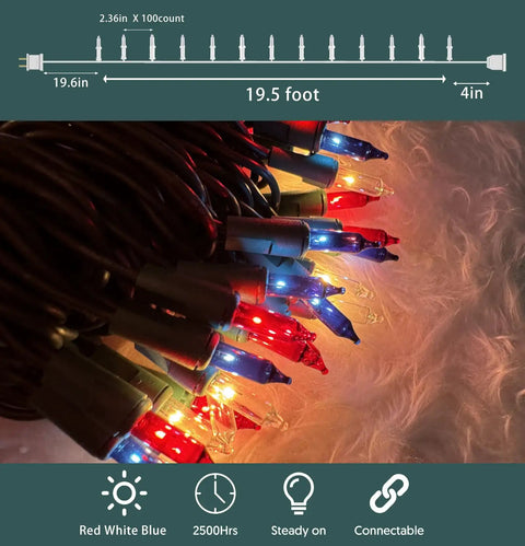 Red White Blue 4th of July Patriotic String Lights With Green Wire, 100 Mini Lights For Indoor Outdoor Decor, close-up view