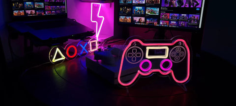 PS Controller Neon Light Sign For Gaming Rooms With Dimmer, LED Wall Decor beside gaming console setup