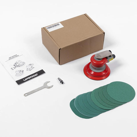 Lightweight Pneumatic Random Orbital Sander For Five Inch Palm Use Three Sixteenths Inch Orbit 12000 RPM with accessories