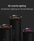3 portable Boom Out Loud Party Bluetooth Speakers with 3D colorful lighting, designed for social settings. Waterproof and stylish.