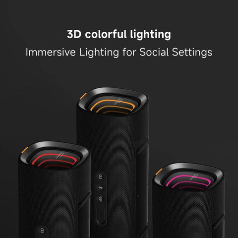 3 portable Boom Out Loud Party Bluetooth Speakers with 3D colorful lighting, designed for social settings. Waterproof and stylish.