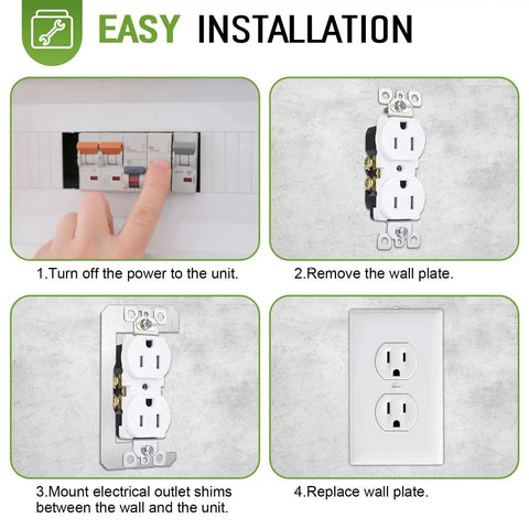 4-step installation process for 20 Pack Silver Wall Plate Spacers for Switches and Receptacles detailed in image