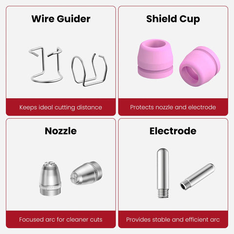 Plasma Cutter Consumables 40 Pcs Torch Tip Nozzles Set For AG60P AG60 WSD60 SG55 BTC500DP BTC650DP showing wire guides, shield cups, nozzles, electrodes