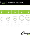 Basketball size chart showing sizes 3 to 7, relevant to Size 5 Pink Rubber Junior Basketball For Indoor Outdoor Play.