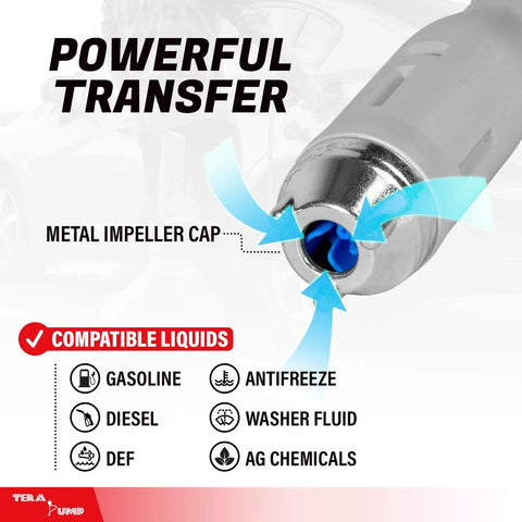Heavy Duty Fuel Transfer Pump With Slick Quick Flow Control Nozzle And 10 FT Vinyl Discharge Hose showing metal impeller cap and fluid compatibility.
