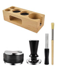 Top Tier Wood Coffee Tamper With Precision Powder Distributor Kit, five-piece espresso station with wooden storage base and brewing tools.