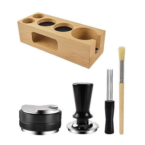 Top Tier Wood Coffee Tamper With Precision Powder Distributor Kit, five-piece espresso station with wooden storage base and brewing tools.