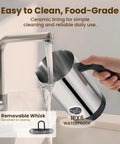 4 In 1 Milk Frother And Steamer With 10 6 Oz Capacity being cleaned under a tap, removable whisk shown, ceramic lined interior