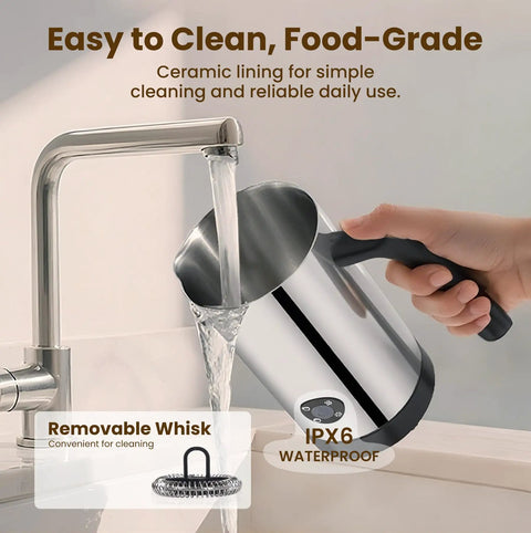 4 In 1 Milk Frother And Steamer With 10 6 Oz Capacity being cleaned under a tap, removable whisk shown, ceramic lined interior