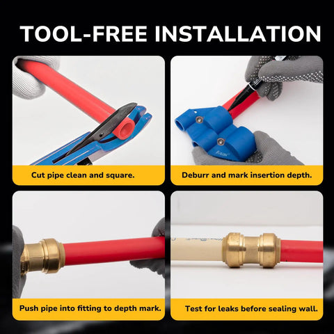 Four steps of tool-free installation for 1/2 Inch Push Fit End Cap For Copper CPVC And PEX Pipes Brass Plumbing Fitting