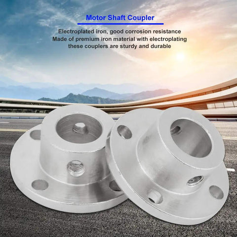 Rock Solid M4 Flange Coupler Motor Shaft Connector, 2 Piece Heavy Duty Plated Iron Adapter, 12Mm ID 18Mm OD, shown in electroplated finish.