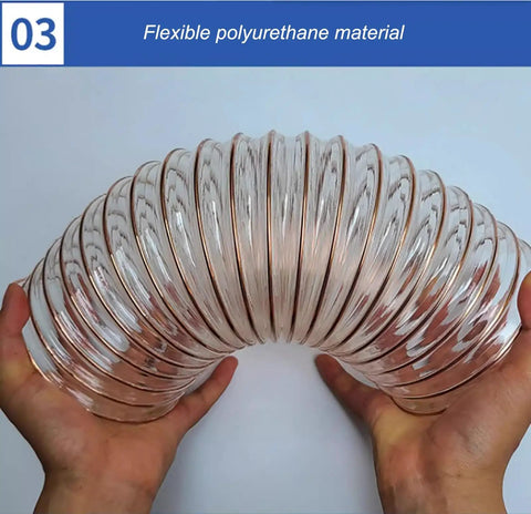 Heavy Duty Flexible Vacuum Hose Extension With Secure Clamps Puncture Resistant Polyurethane Ducting For Woodworking Shop Tools And Dryers Crushes Dust No Sweat, clear flexible polyurethane hose held in hands.