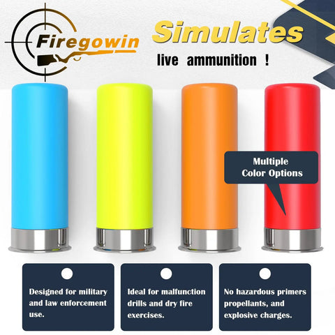 Four colored 12 Gauge Dummy Rounds for Dry Fire Drills Reusable Snap Caps with Rubber Primers Green Type 5 Pack Safe Practice Rounds.