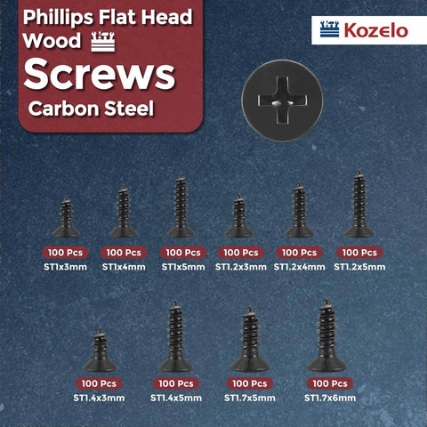 1000 Piece Phillips Flat Head Wood Screws Set Self Tapping Countersunk Screws In ST1 ST1.2 ST1.4 And ST1.7 Sizes 3mm To 6mm Carbon Steel Black for Woodworking Projects.