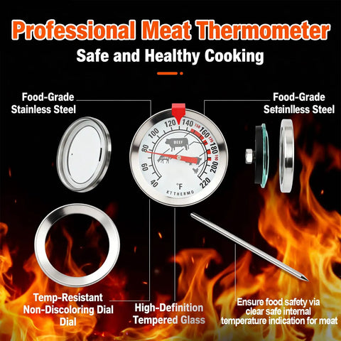 Exploded view of Instant Read Meat Thermometer With 2 Inch Dial Stainless Steel Kitchen Thermometer For Poultry Pork Beef And Lamb Doneness Easy To Read Icon Guide For Perfect Juicy Results, showing parts and features.