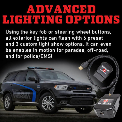 Tazer OBD2 Plug In Module For Dodge Challenger 2015 To 2023, showcasing advanced lighting options with a Dodge Durango vehicle.