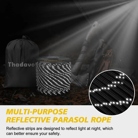Reflective Paracord Rope 850Lb 4mm 11 Strand Core next to camping gear, showing reflective strips in low light.