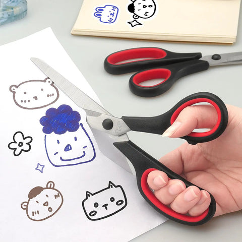 8.5 Inch All Purpose Scissors Set With Stainless Steel Blades, Sharp And Durable Pro Grade Heavy Duty Do It All Multi Purpose Shears, 2 Pack For Kitchen, Craft, Office Tasks And Sewing. Hand holding one scissor cutting paper drawings.