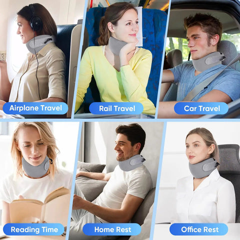 Collage showcasing Ultra Compact Chin Support Travel Pillow For Petite Travelers in use during travel and home activities.