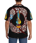 Back view of Conveyor Belt Patterned Mens Short Sleeve Cuban Collar Shirt For Summer Vacation Beachwear Black