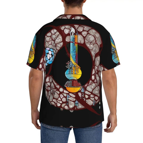 Back view of Conveyor Belt Patterned Large Men's Short Sleeve Cuban Collar Shirt For Summer Vacation Beachwear Black Dope Polyester