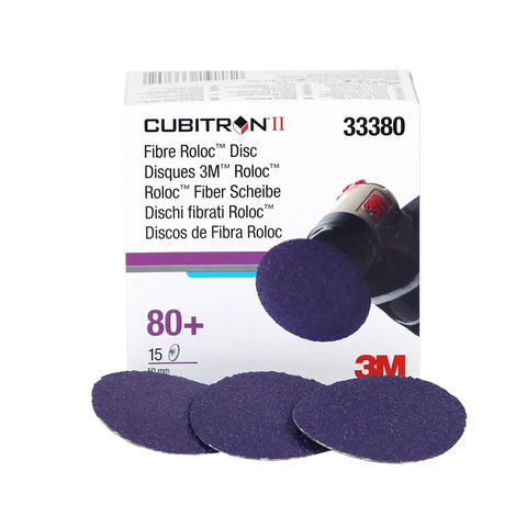 Cubitron II Roloc Fiber Disc 2 Inch 80 Plus Grit Ceramic Abrasive Set Of 15 Discs box and discs displayed