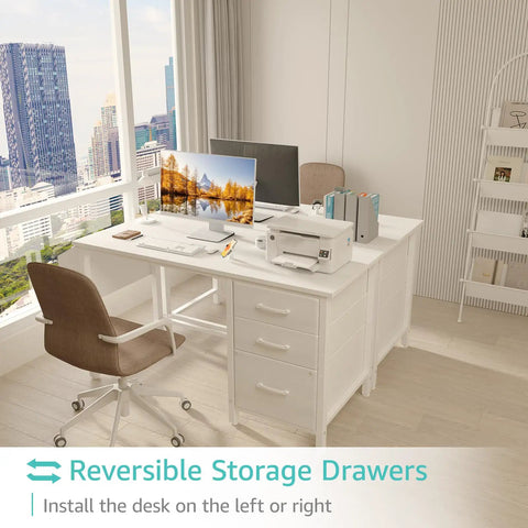White 47 Inch Computer Desk With Fabric Filing Cabinet And Reversible Layout in a Modern Home Office Setup