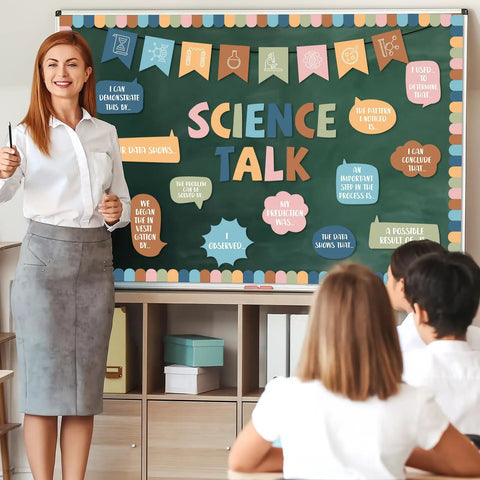 Teacher using Science Themed Bulletin Board Set For Classrooms With Cool Boho Vibe Back To School Classroom Decoration Kit