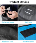Close-up of Waterproof Adjustable Capacity Bike Handlebar Bag features: buckle, light loop, waterproof liner, 5cm velcro
