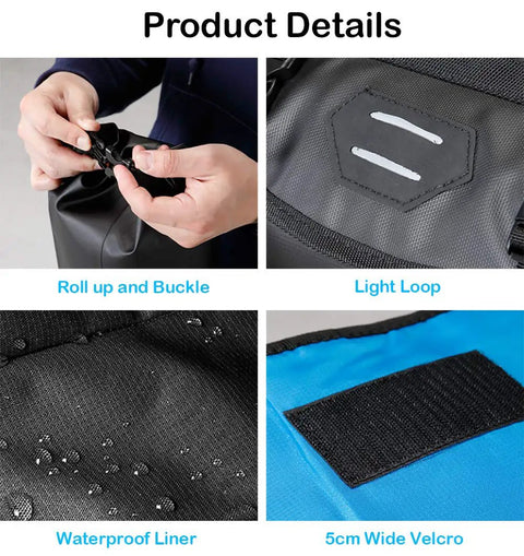 Close-up of Waterproof Adjustable Capacity Bike Handlebar Bag features: buckle, light loop, waterproof liner, 5cm velcro