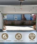 Open garage view with icons depicting benefits of Heavy Duty Extension Spring Cable Set For Garage Doors In Galvanized Carbon Steel One Eighth Inch Diameter And Thirteen And A Half Feet Long, Durable, Corrosion Resistant Garage Door Hardware Cable Kit.