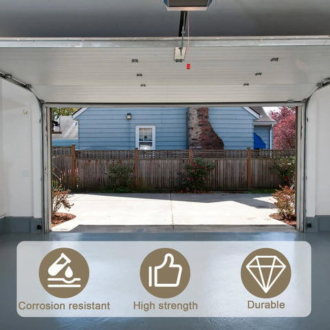 Open garage view with icons depicting benefits of Heavy Duty Extension Spring Cable Set For Garage Doors In Galvanized Carbon Steel One Eighth Inch Diameter And Thirteen And A Half Feet Long, Durable, Corrosion Resistant Garage Door Hardware Cable Kit.