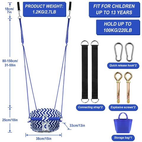 Toddler Swing Seat With Heavy Duty Canvas Adjustable Rope And Safety Harness, drop resistant, storage bag, blue, size 38cm