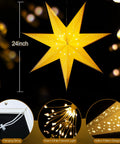 Two Pack 24 Inch Paper Star Lanterns With 50 LED Fairy String Lights Eight Modes Seven Pointed Hollow Star Hanging Decor