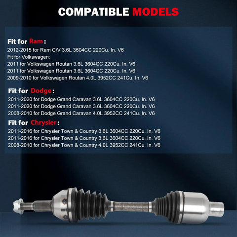 Compatible models chart and Front Right CV Axle Drive Shaft Replacement For Chrysler Town And Country Dodge Grand Caravan Ram CV Routan 2008-2020 3.6L V6 And 4.0L V6 Bolt In Fit Premium