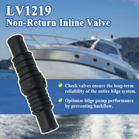Three Pack Non Return Inline Valve For Water Lines Fits Three Quarter Inch And One Inch Diameter One Way Check Valve To Stop Backflow And Keep Your Pump Prime Black with a boat in the background.